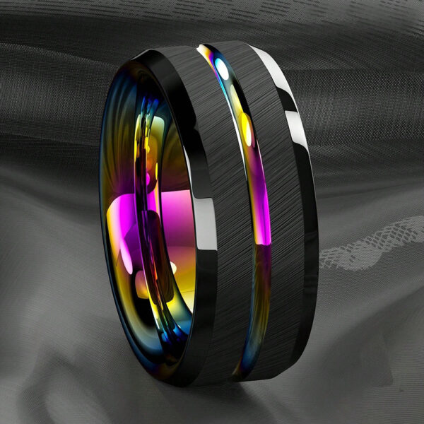 Anillo De Acero Inoxidable Para Hombre De 8 Mm Con Ranura De Colores Del Arco Iris, Anillo De Boda Oscuro Cepillado - Image 6