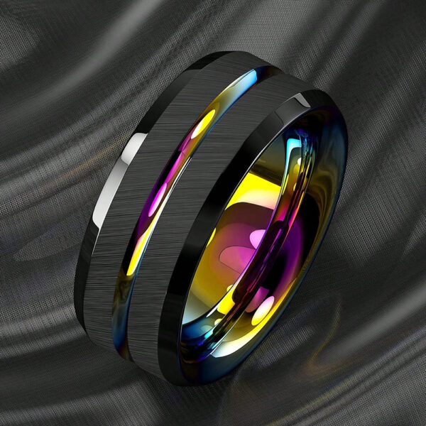 Anillo De Acero Inoxidable Para Hombre De 8 Mm Con Ranura De Colores Del Arco Iris, Anillo De Boda Oscuro Cepillado - Image 2