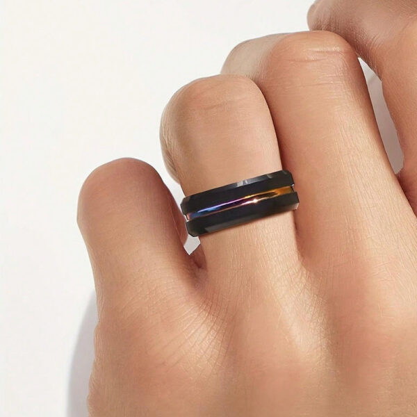 Anillo De Acero Inoxidable Para Hombre De 8 Mm Con Ranura De Colores Del Arco Iris, Anillo De Boda Oscuro Cepillado - Image 3