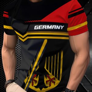 Camiseta Casual de Talla Grande para Hombre - Estampado de la Bandera Alemana con Letras en Negrita, Cuello Redondo Regular, Diseño a Rayas y Rojo Lavable a Máquina, Ropa Deportiva de Ocio, Camiseta con Estampado Vibrante, Ropa Casual Duradera, TALLA GRANDE